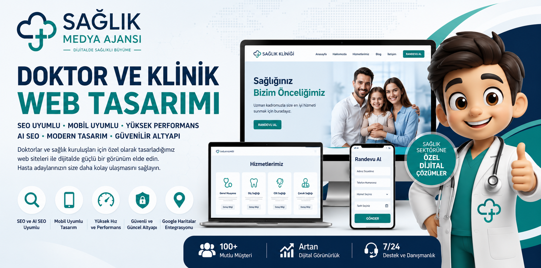 Doktor ve kliniklere özel SEO ve AI SEO uyumlu web tasarım hizmeti - Sağlık Medya Ajansı