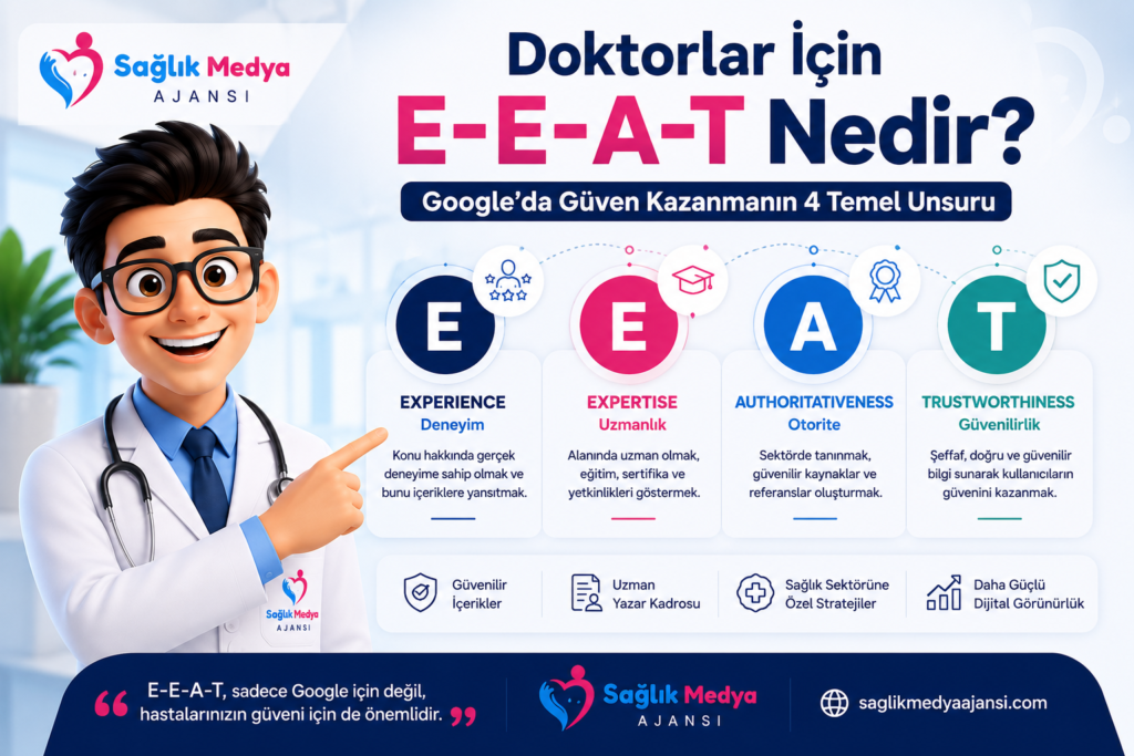 Doktor E-E-A-T kriterleri: deneyim, uzmanlık, otorite ve güvenilirlik ile Google'da güven oluşturan doktor SEO stratejileri.